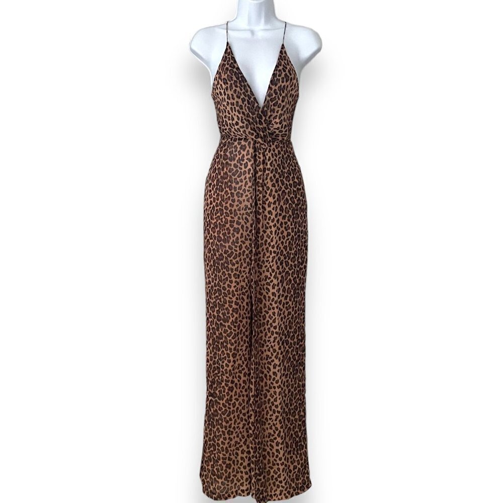 Jonathan Simkhai Brown Tan Leopard Print Strappy Tie Back Jumpsuit Size XS